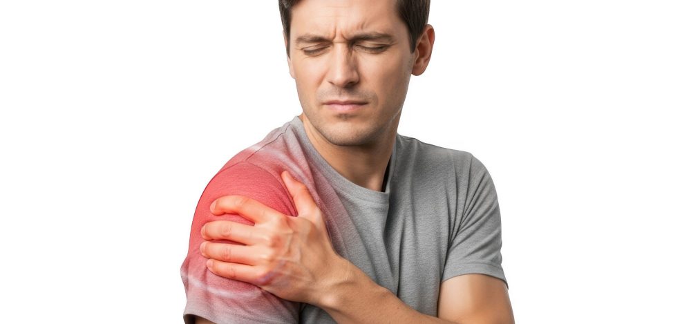 The image depicts a man experiencing discomfort and pain in his shoulder. He is grimacing and holding his left shoulder with his right hand. The man appears to be in distress, highlighting the severity of his condition. The background is plain white, focusing all attention on the man and his evident pain.