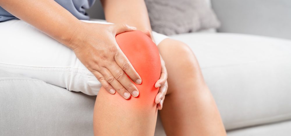 Close up of chubby woman sitting on the sofa and feeling knee pain and she massages her knee. Healthcare and medical concept.